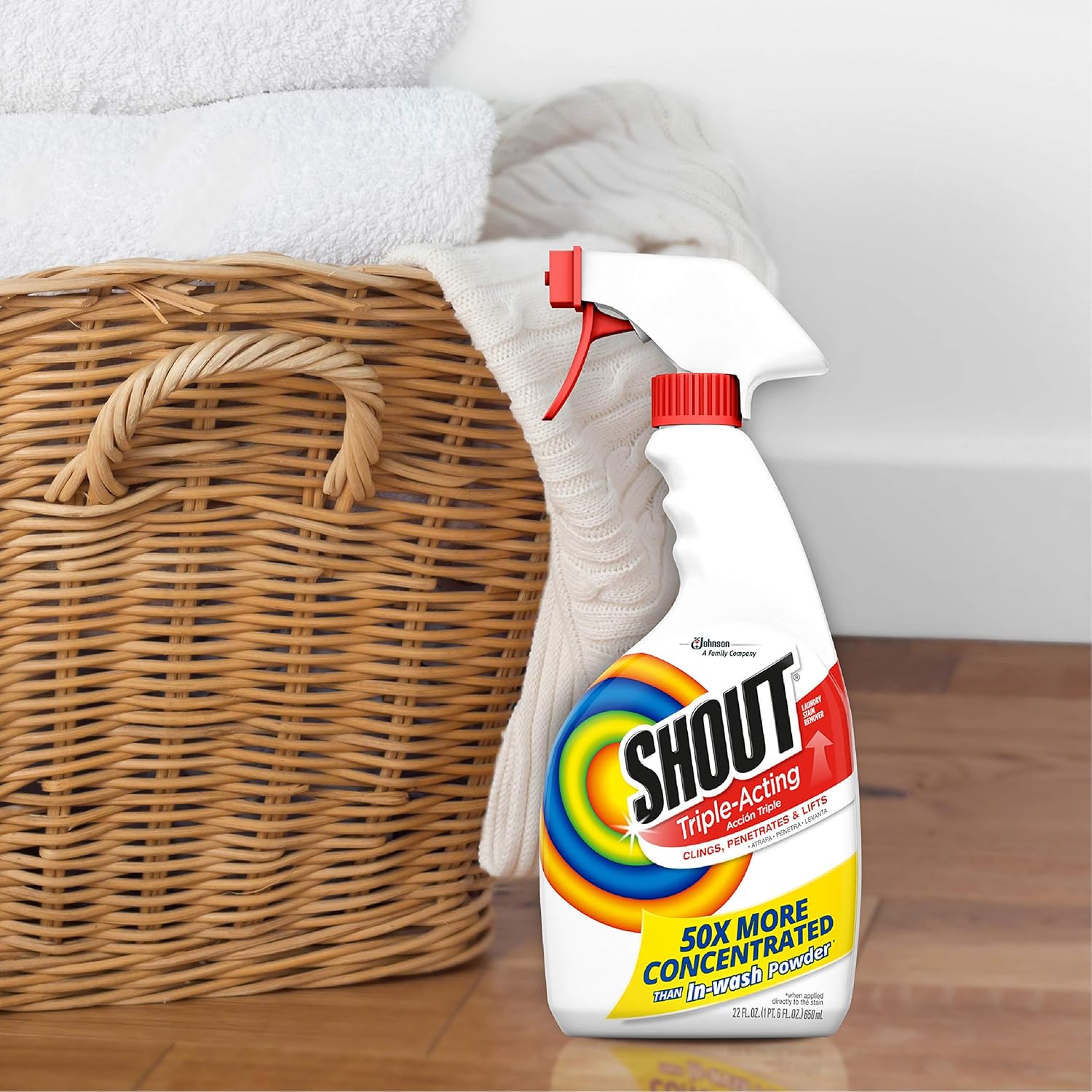 Shout laundry stain remover with triple acting power for easy home cleaning