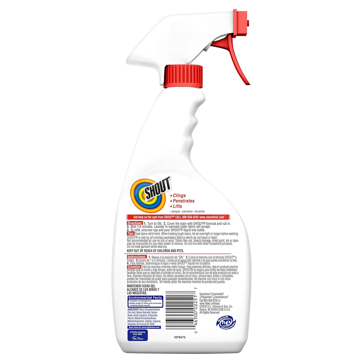 Shout laundry stain remover spray clings, penetrates and lifts pesky stains.