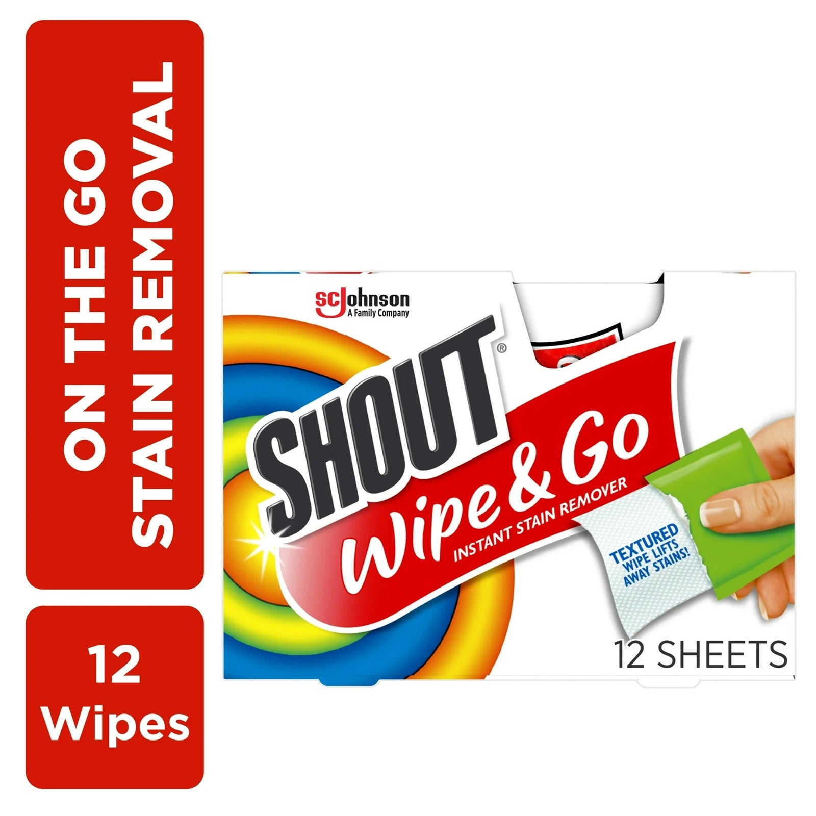 Shout wipe & go instant stain remover 12 wipes for on the go stain real to lift away staines.