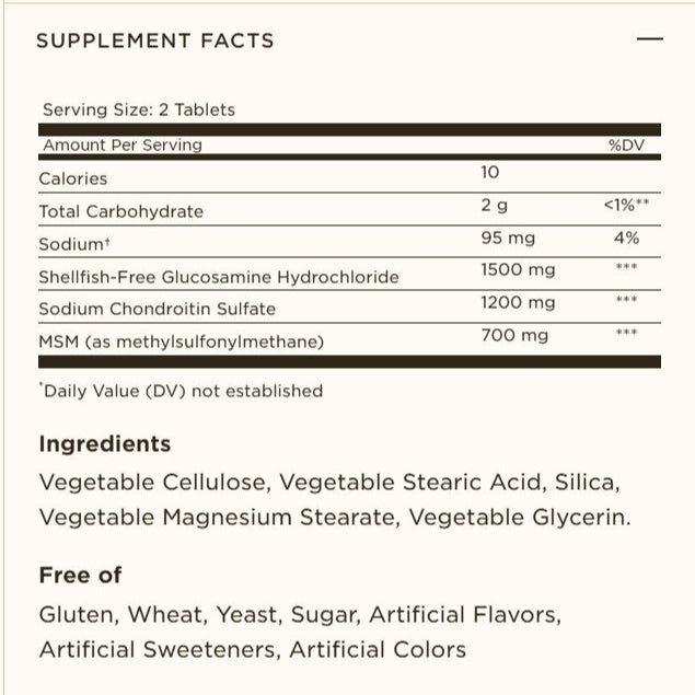 Solgar Glucosamine Chondroitin MSM - is free of gluten, wheat, yeast, sugar, artificial flavours, artificial sweeteners and colours.