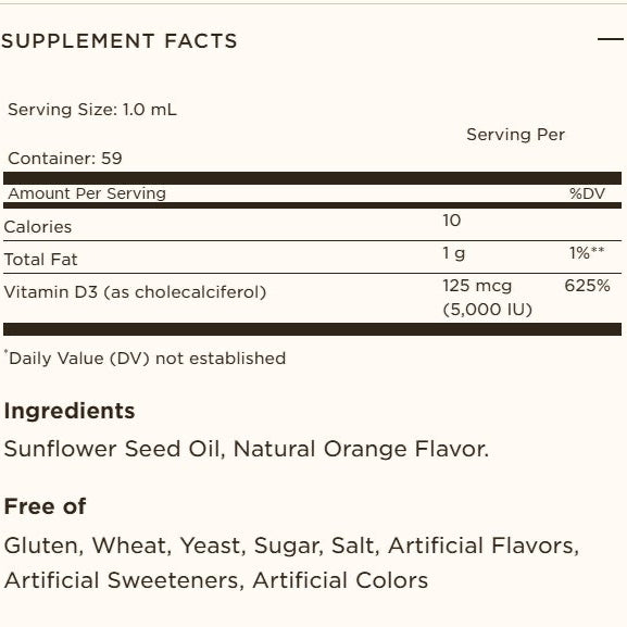 Supplement facts label with nutritional information for Solgar liquid vitamin D3