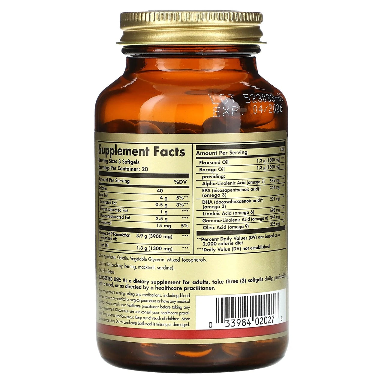 Solgar omega 3-6-9 Softgels with supplement facts and nutritious value