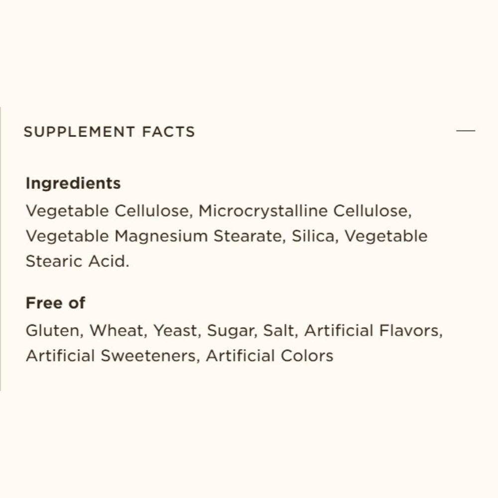 Solgar Quercetin Complex with Ester-C supplement facts is gluten free, sugar free and yeast free.