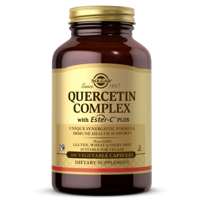 A bottle of Solgar Quercetin Complex with Ester-C Plus dietary supplement with 100 vegetable capsules, labeled for immune health support.