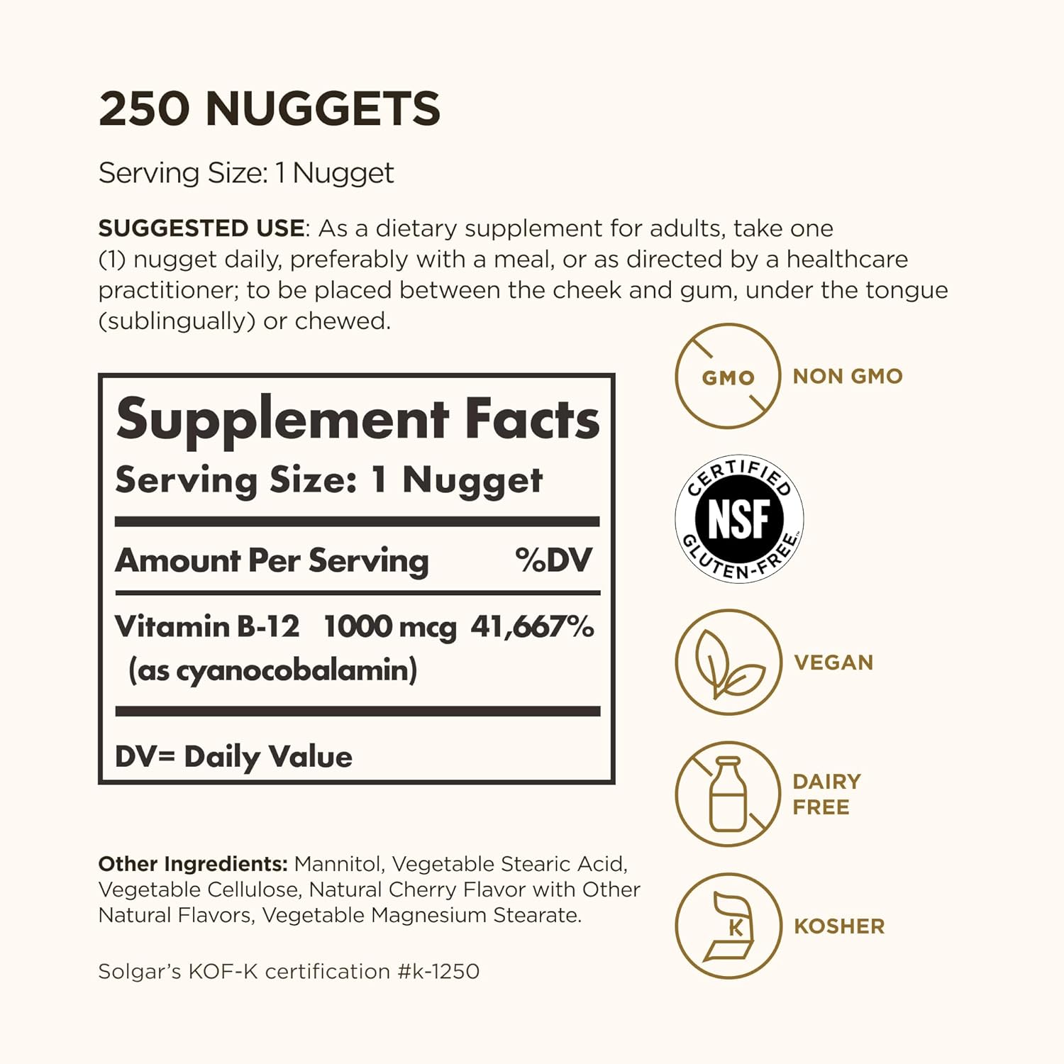 Supplement label for Solgar vitamin B12 - kosher supplement, vegan and dairy free