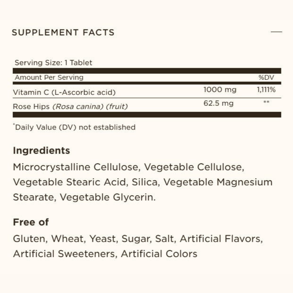 Solgar Vitamin C 1000mg with Rose hips tablet supplement facts with ingredients and nutrition facts including gluten free, sugar free and free of artificial colours, flavors and sweeteners.