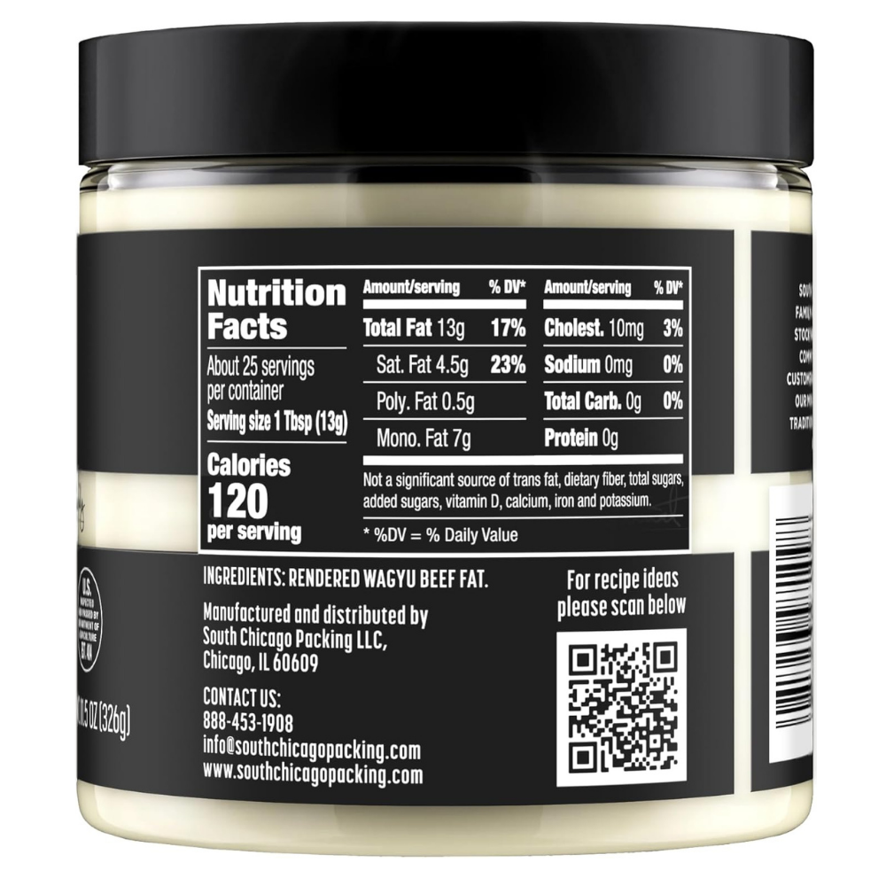 Tub of South Chicago Packaging Wagyu Beef Tallow nutrition facts