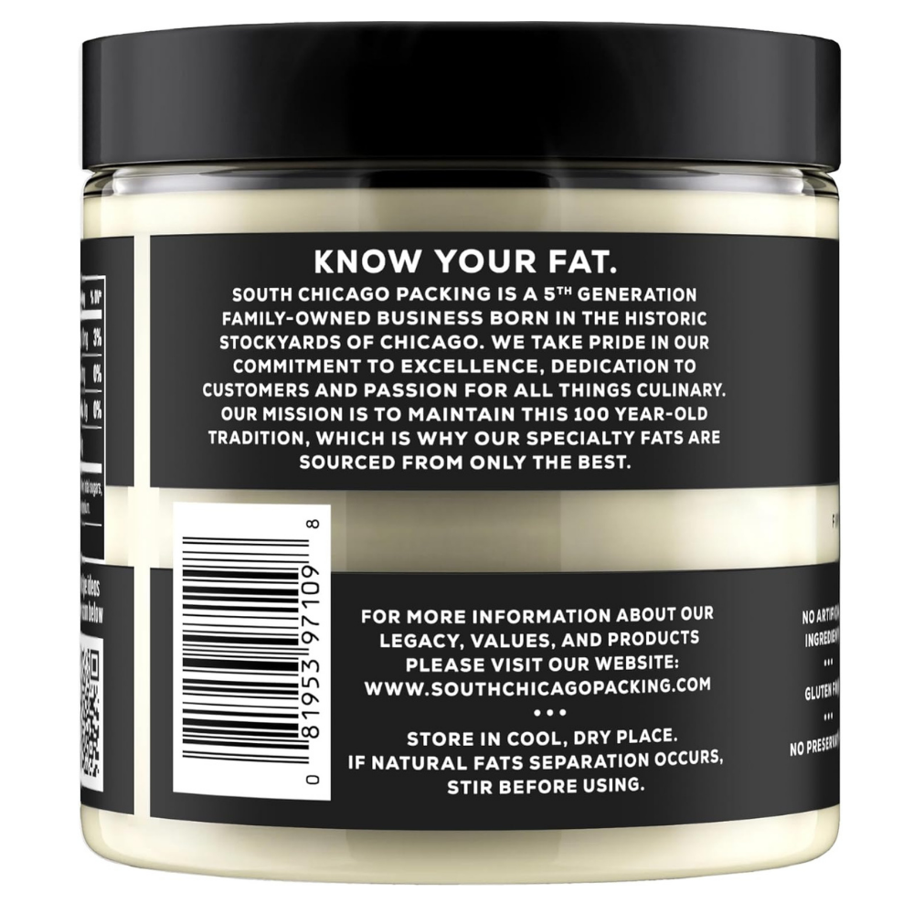 Tub of South Chicago Packaging Wagyu Beef Tallow - know your fat information