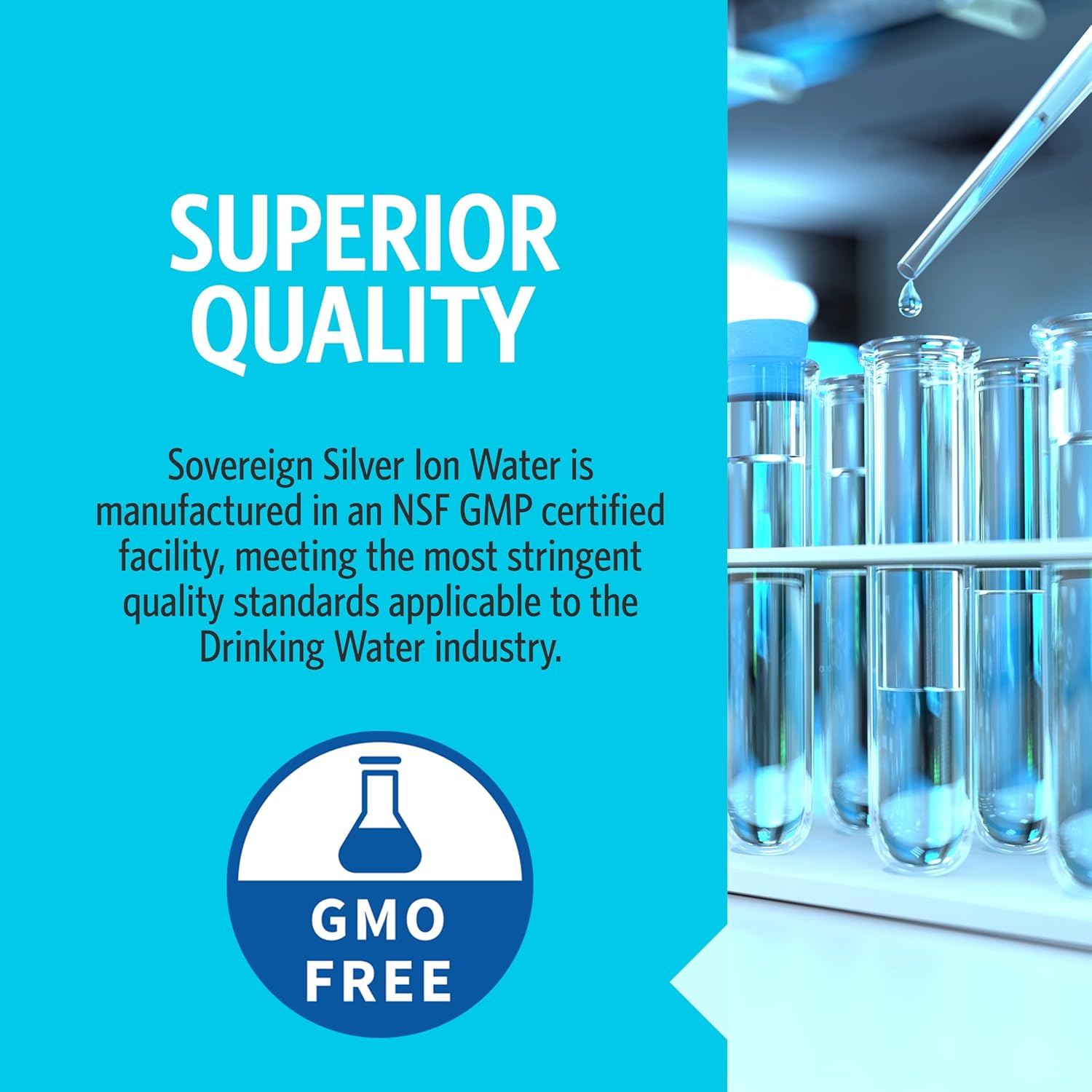 Advertisement for Sovereign Silver Ion Water - superior quality ion water which meets the most stringent quality standards.