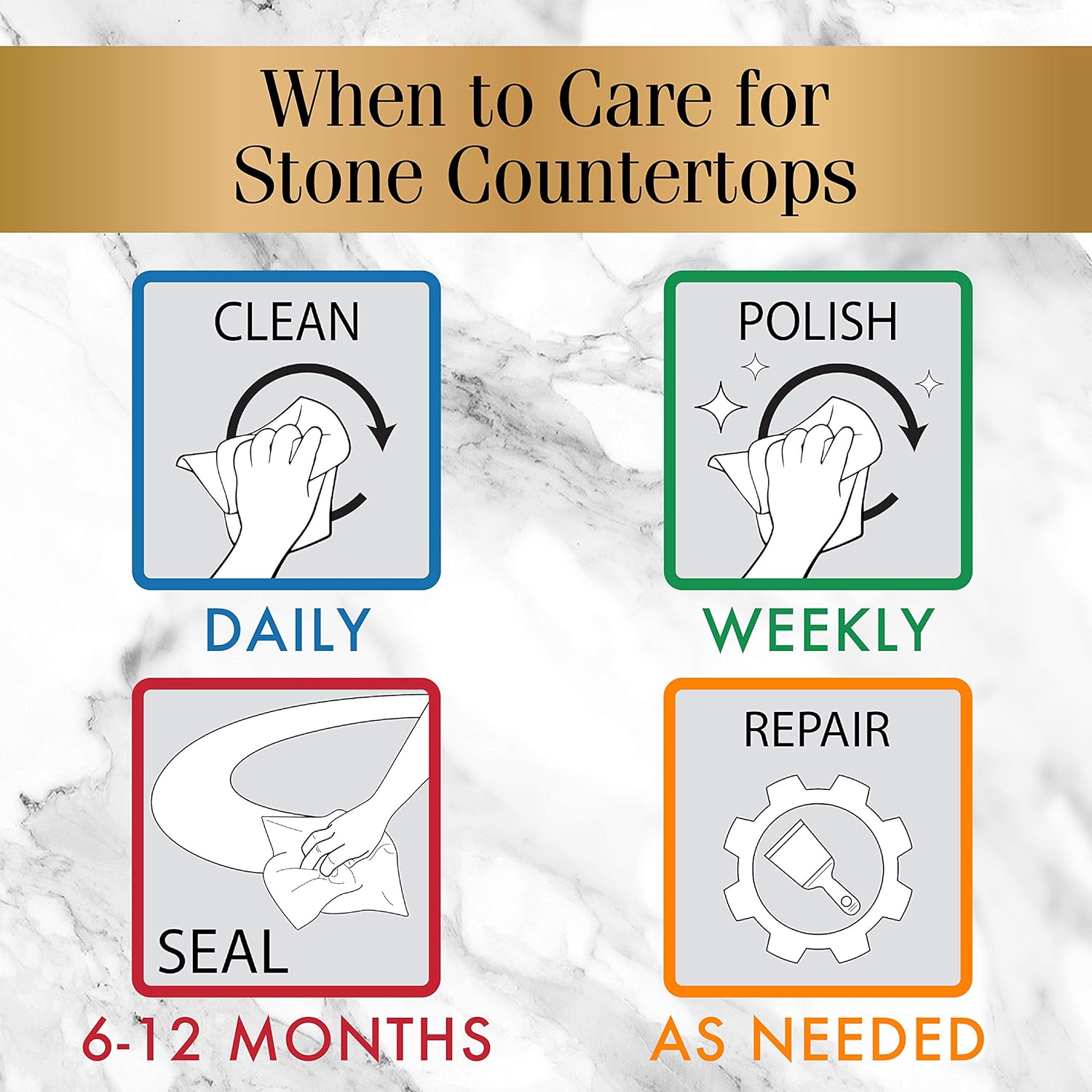 Directions and information to caring for your stone countertops using Stone Care daily cleaner spray