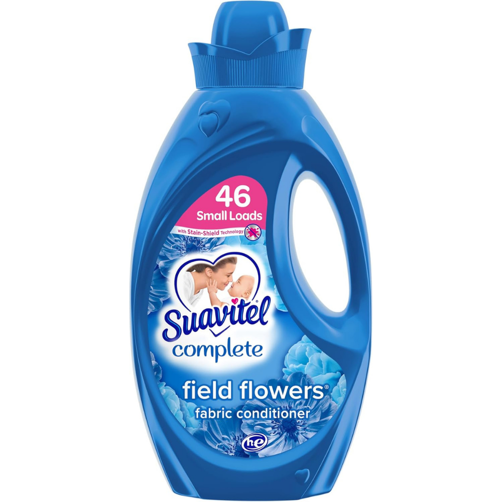 Bottle of Sauvitel complete liquid field flowers fabric softeners for 46 small loads - with measuring cup lid.