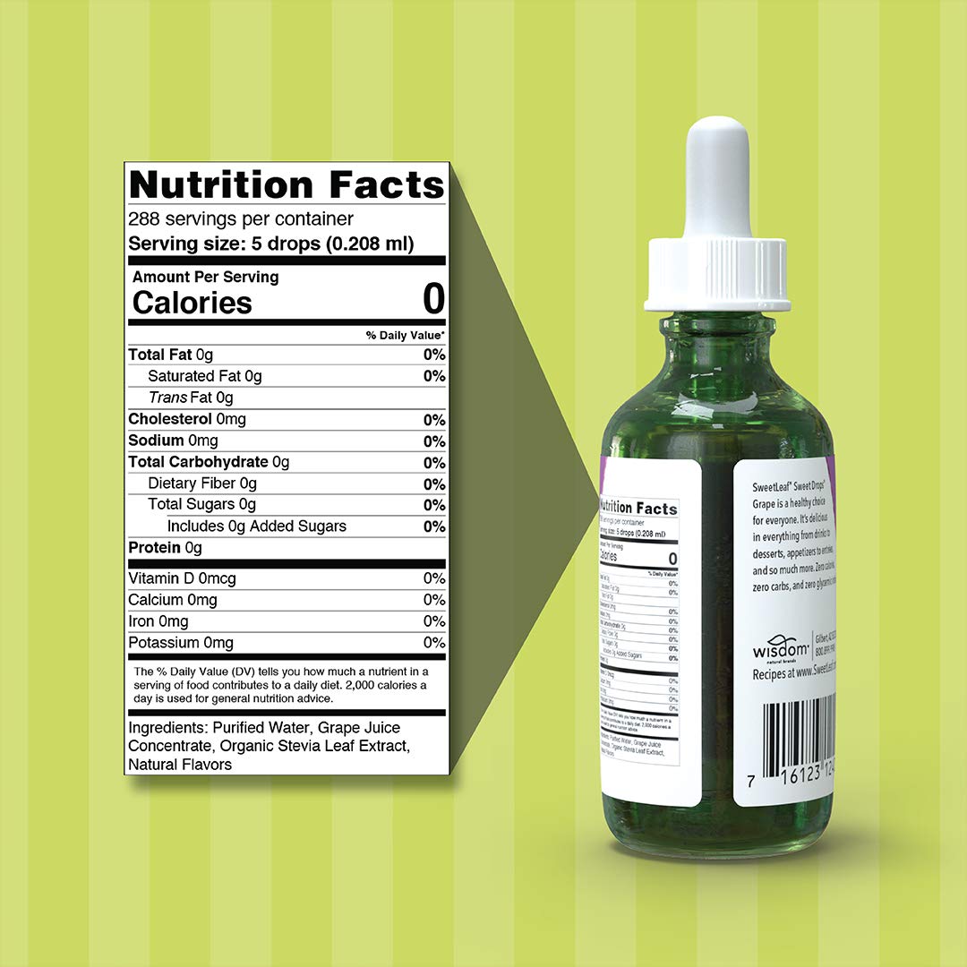 SweetLeaf grape flavored sweet drops, 0 calories with organic stevia leaf extract and natural flavors.