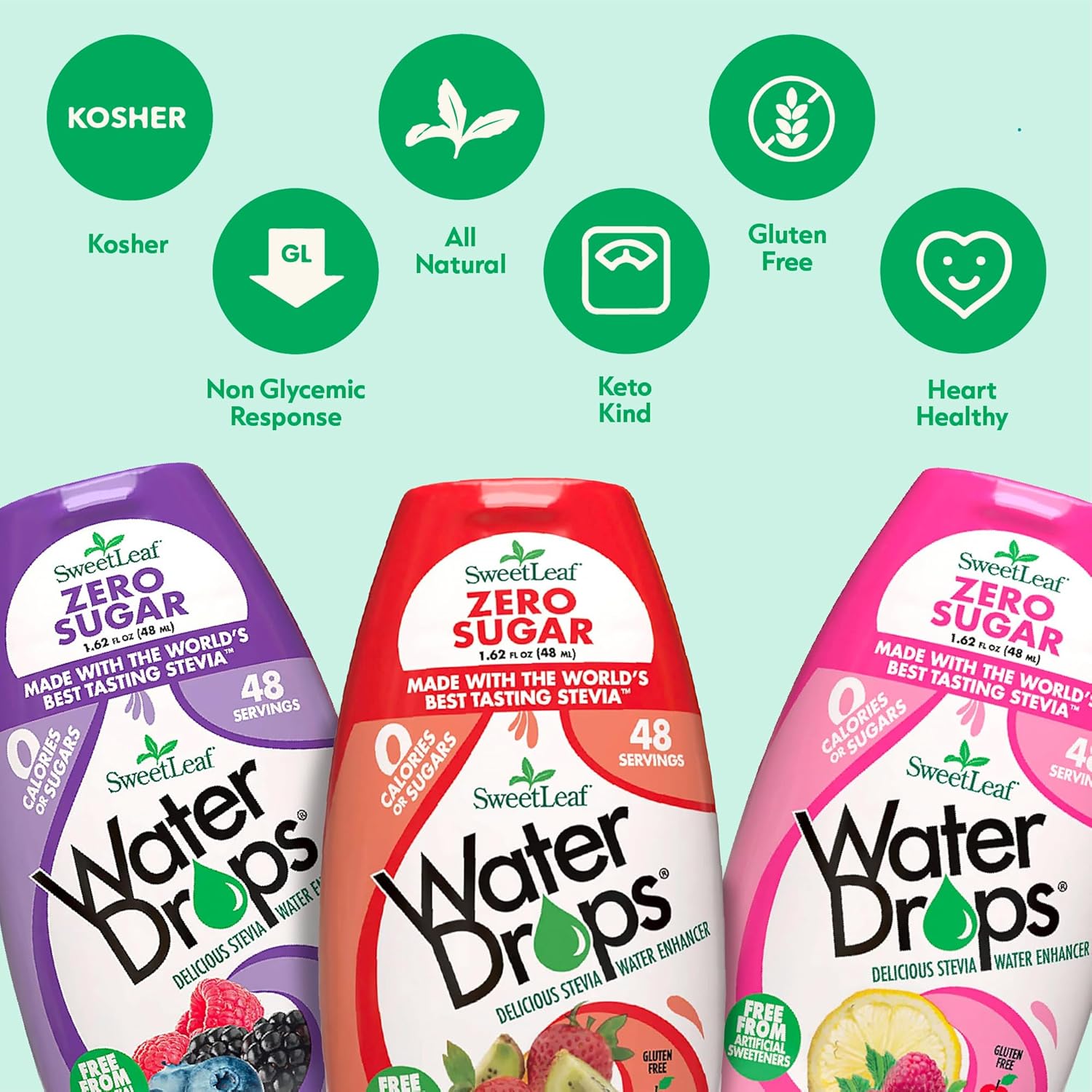 SweetLeaf kosher water drops with non glycemic response, all natural, keto kind, gluten free and heart healthy water enhancer.