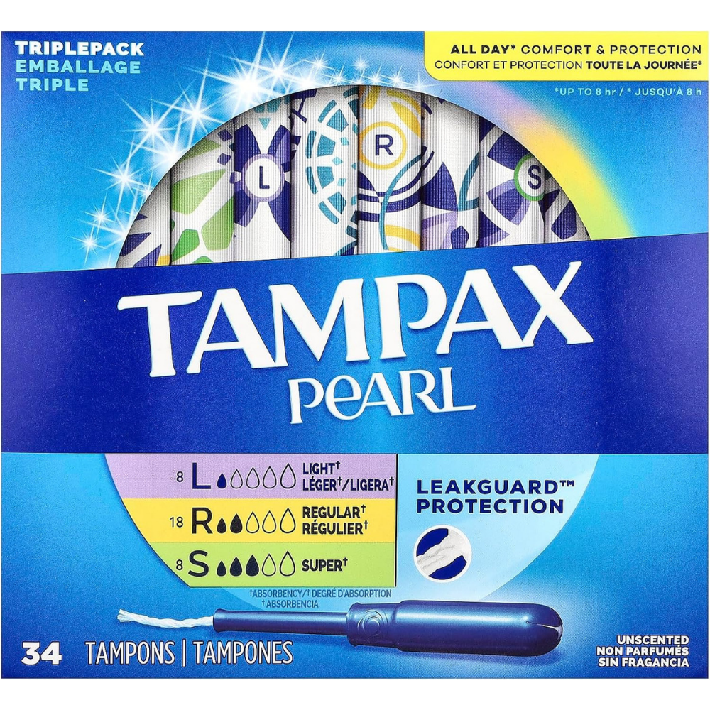 Package of Tampax pearl tampons with leak guard protection for all day comfort and protection - 34 counts with light, regular and super absorbency.