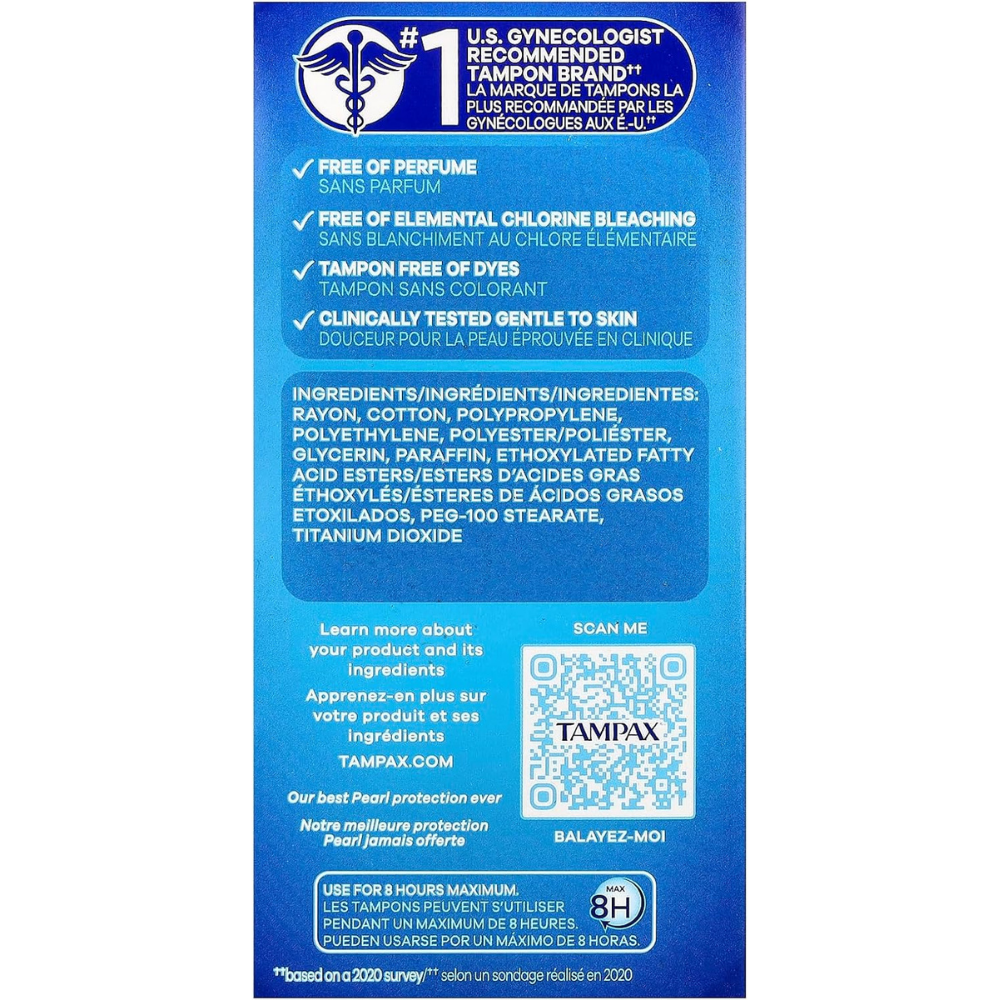Back of Tampax pearl tampon box with ingredients and features including free of dyes and perfume