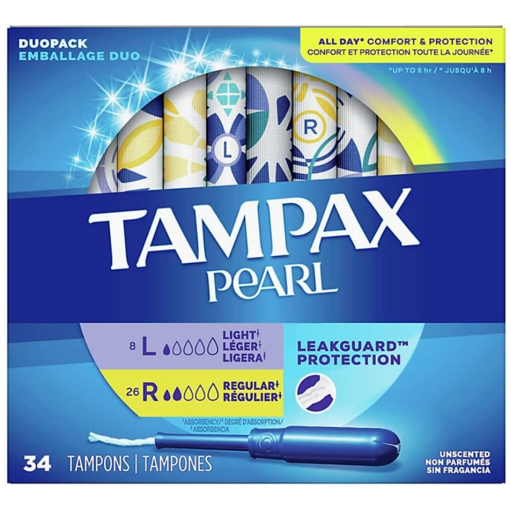 Tampax pearl duo pack of light and regular tampons with leak guard protection for all day feminine sanitary protection - 34 count