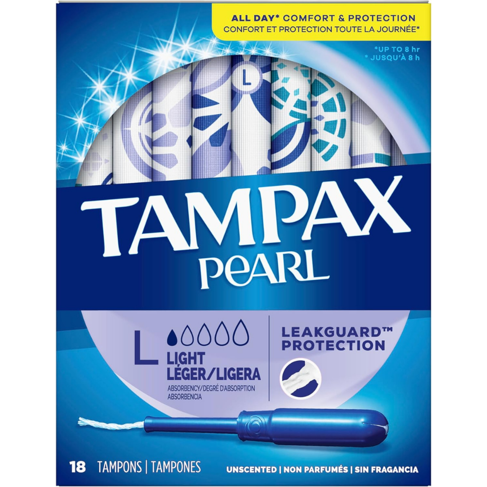 Box of 18 Tampax pearl tampons with leakgiard protection - unscented.