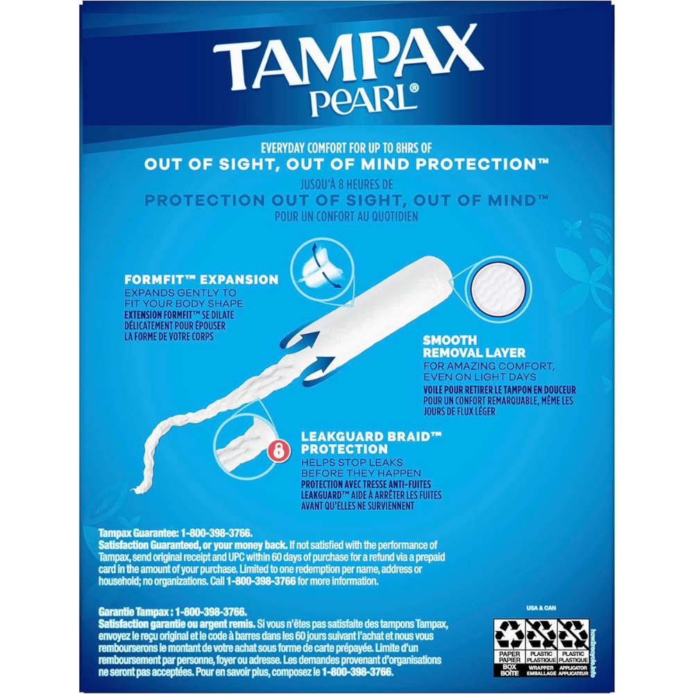 Package of Tampax pearl with information and guarantees for sanitary protection