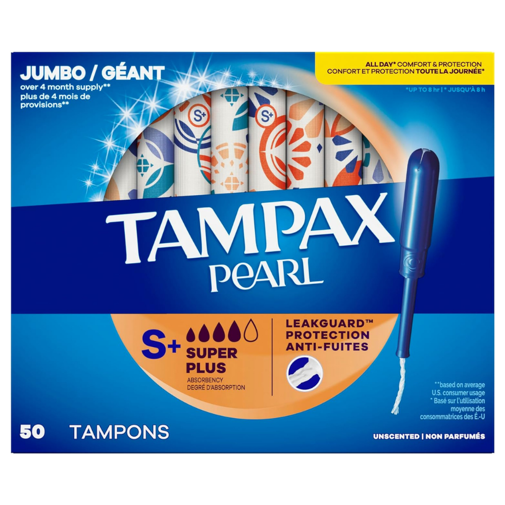 Box of Tampax Pearl tampons, jumbo size box with 50 sanitary products with super plus absorbency.