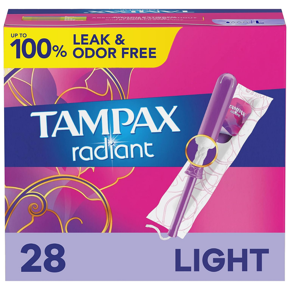 Box of ramps radiant light absorbency tampons with up to 100% ear and odor free period protection - 28 tampons.