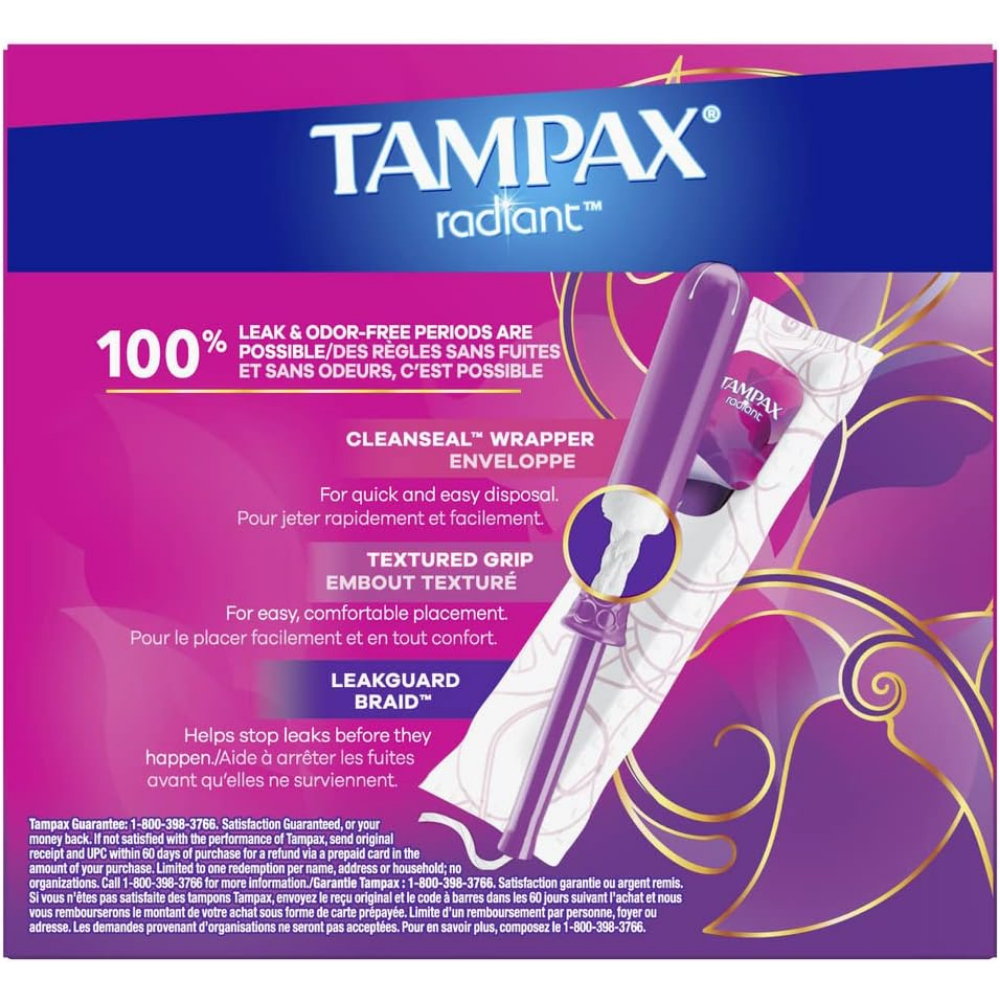 Package of Tampax radiant tampons for 100% leak & odor-free periods.
