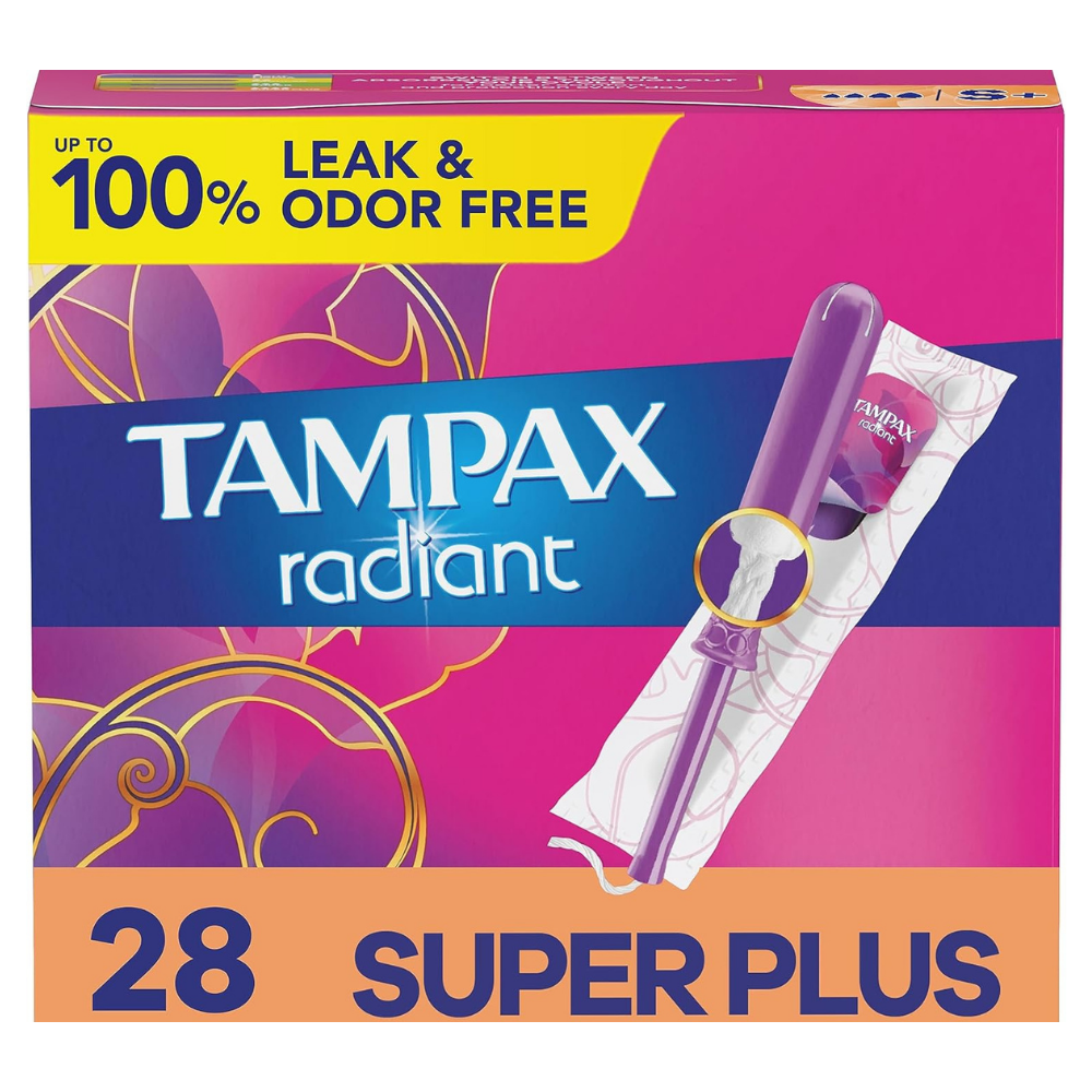 Box of Tampax Radiant super plus tampons for 100% leak and odor free feminine protection