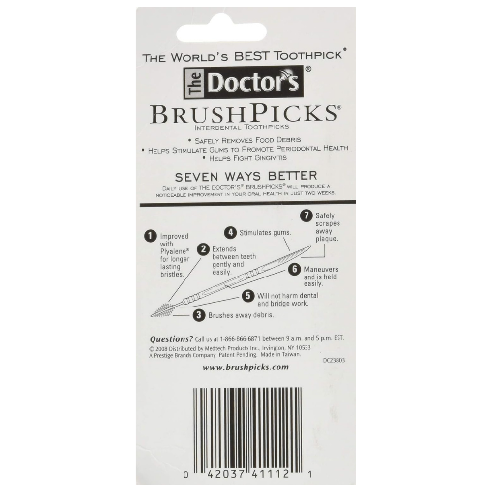 Back of pack of The Doctor's BrushPicks interdental toothpicks with text and information graphics