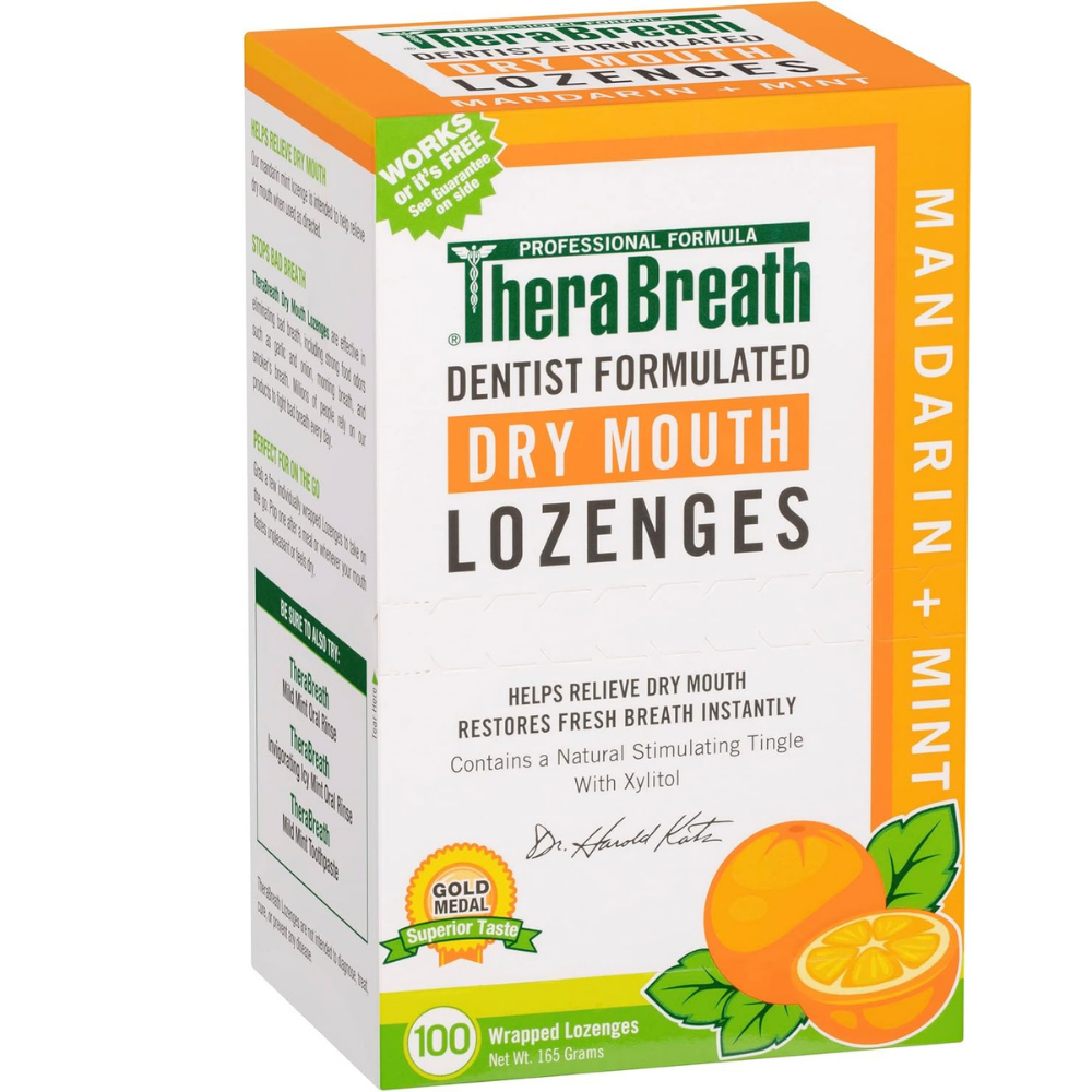 Box of TheraBreath dry mouth lozenges, mandernie and mint flavour - 100 pieces
