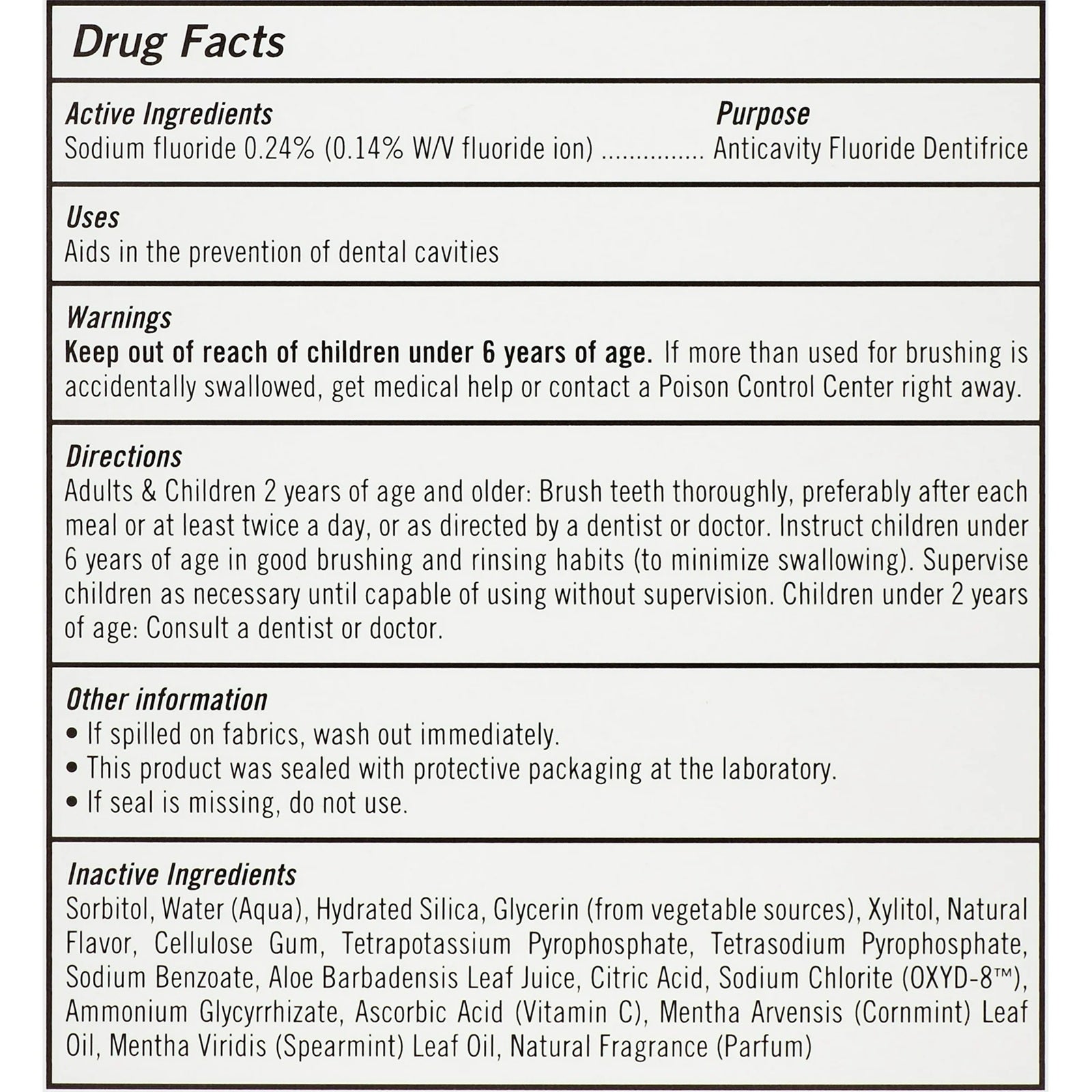 Drug facts label for fluoride dentifrice with detailed information on active and inactive ingredients, purpose, uses, warnings, and directions.