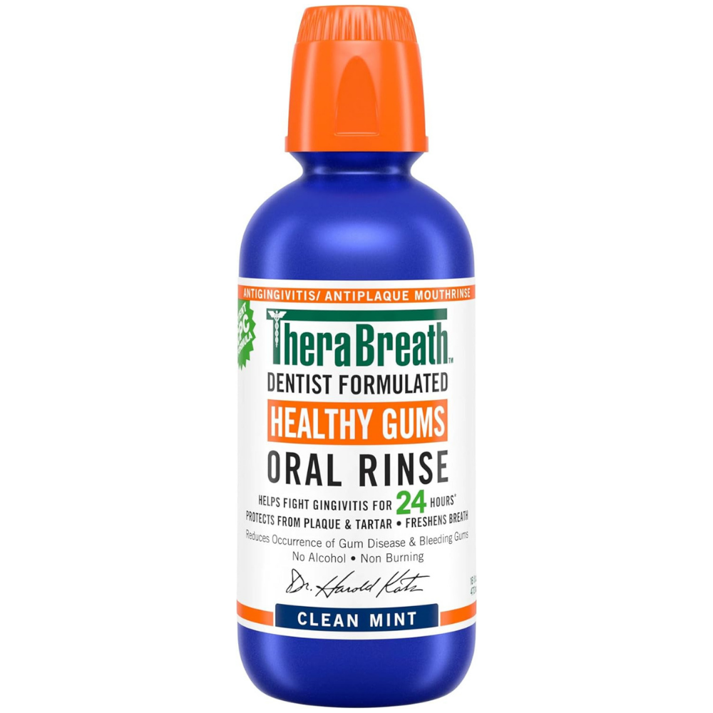 Bottle of TheraBreath mouthwash, dental health oral rinse in clean mint to fight gingivitis, freshens breath and protects from plaque and tartar.