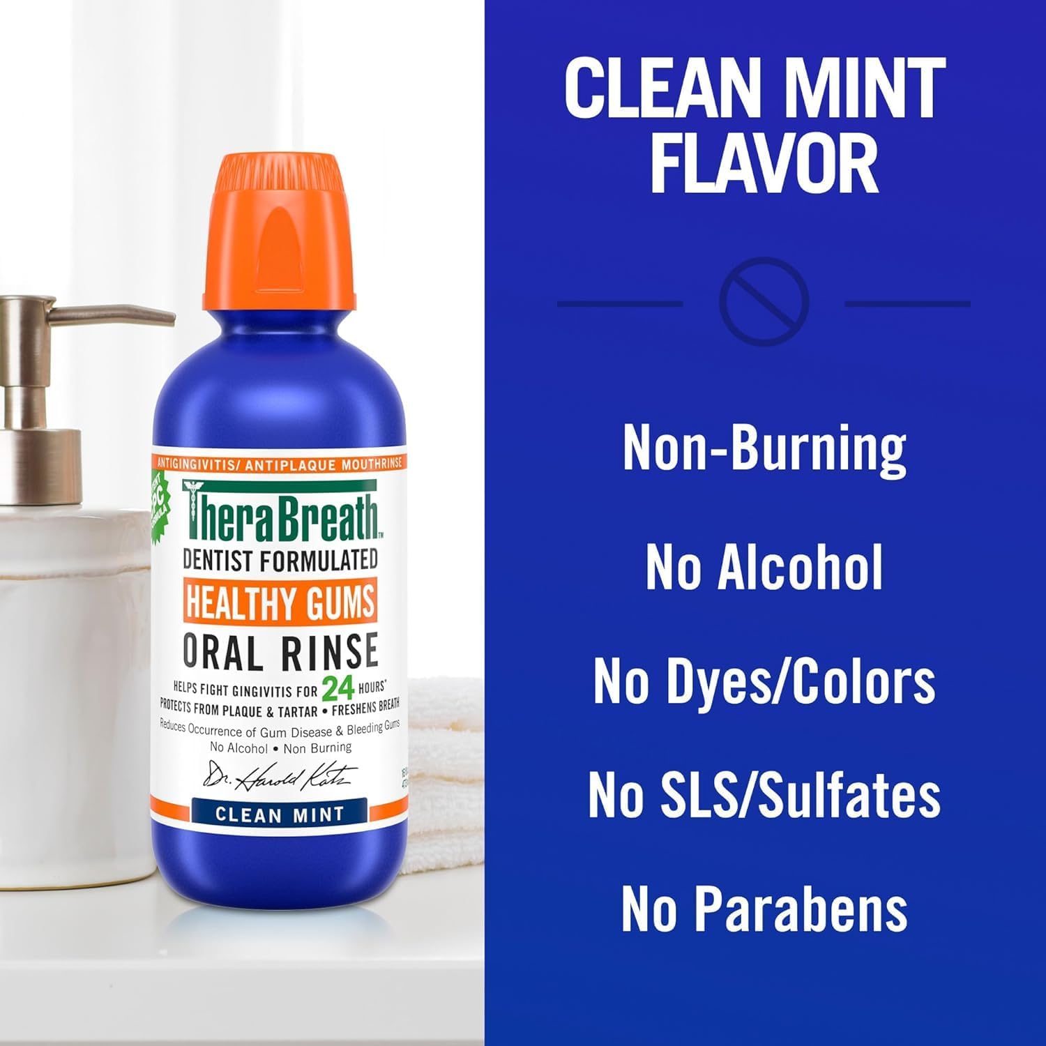 Therabreath oral rinse clean mint mouthwash for no burning, alcohol-free teeth protection.