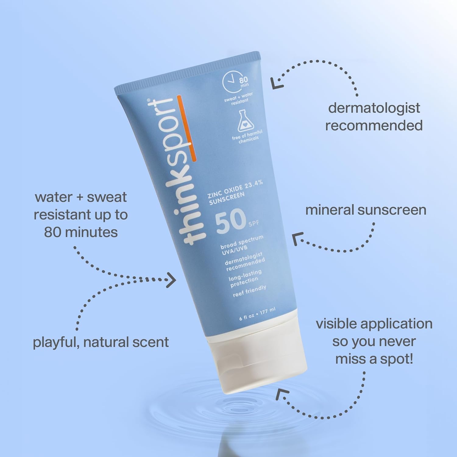 thinksport mineral zinc oxide sunscreen tube is water resistant, dermatologist recommended and contains natural scent