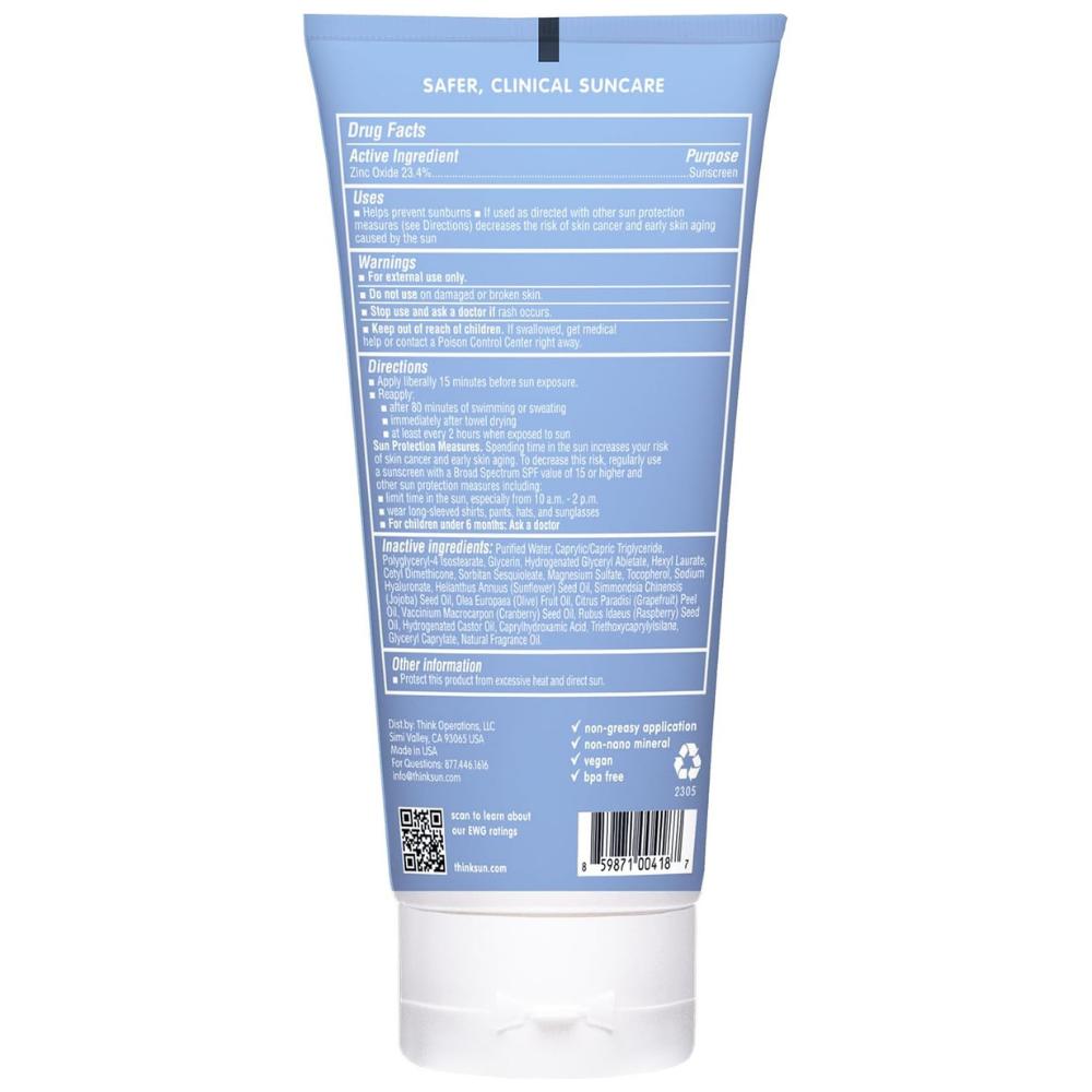 Back of a thinksport sunscreen tube with zinc oxide for protection