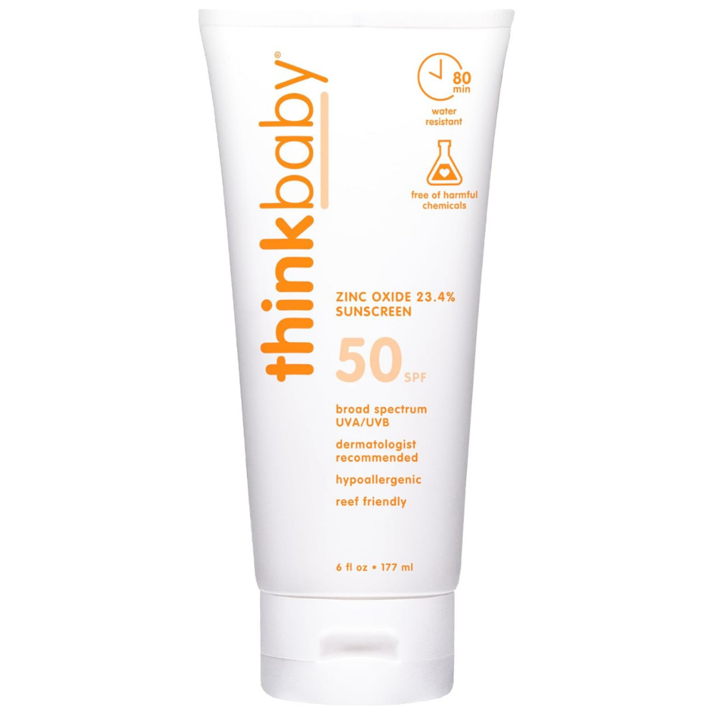 thinkbaby sunscreen tube with 50SPF broad spectrum, dermatologist recommended protection.