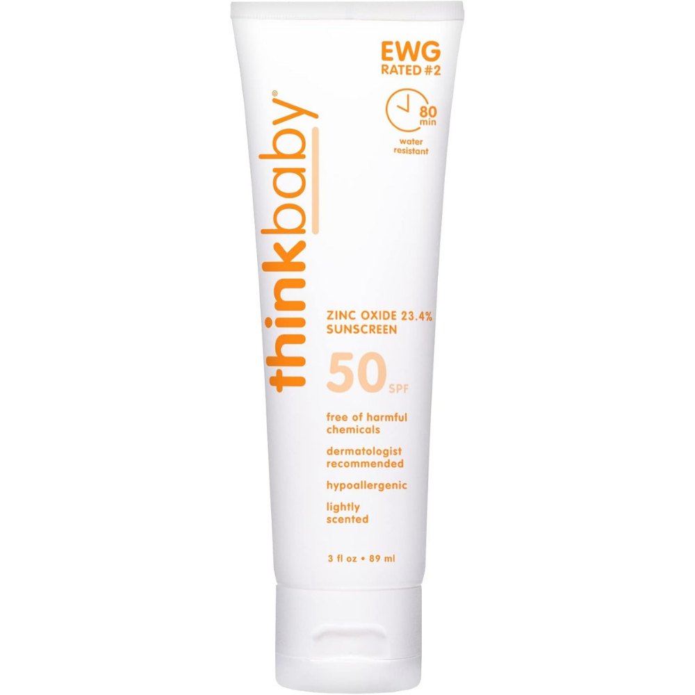 Thinkbaby sunscreen tube with 50 SPF, dermatologist recommended for baby skin protection