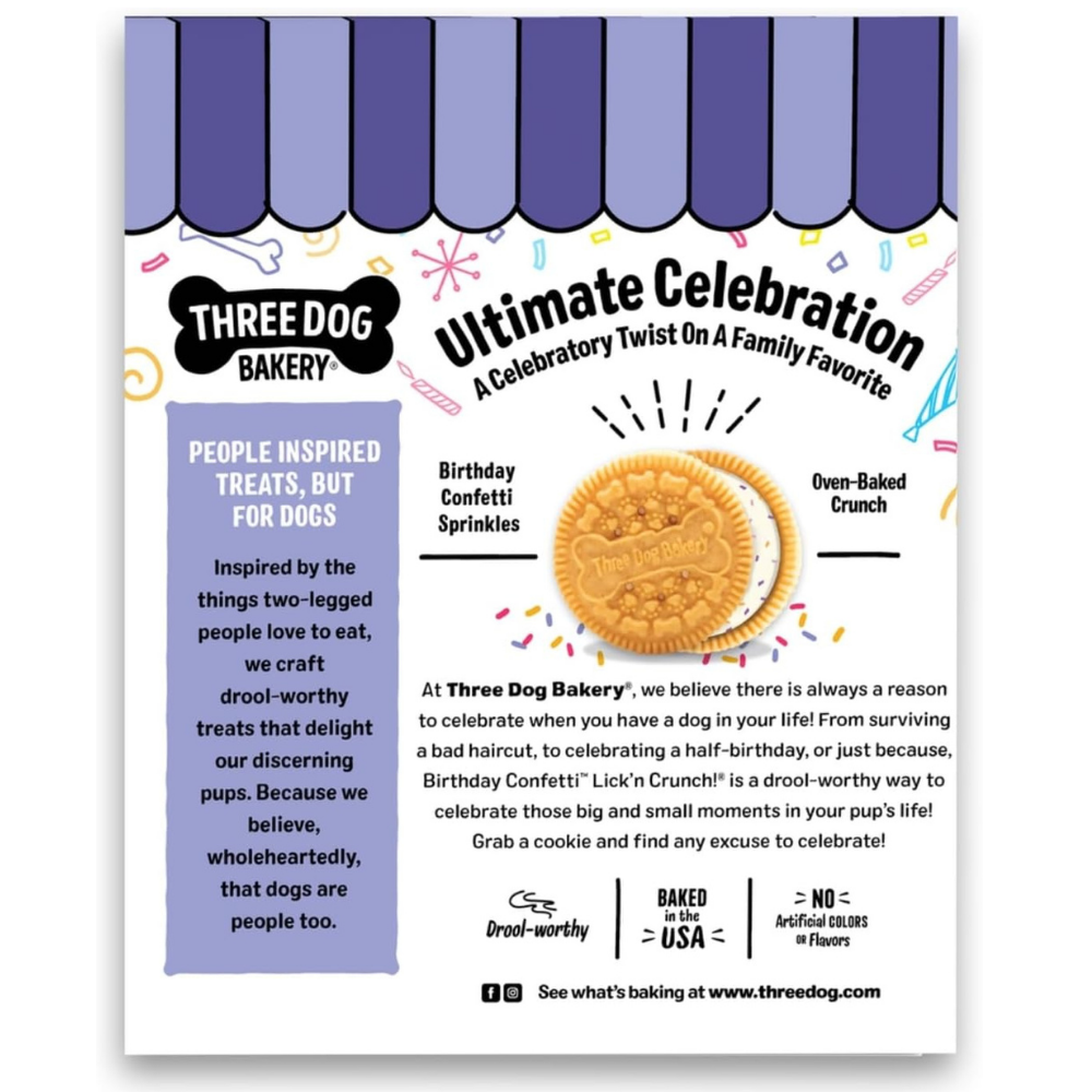 Back of box of Three Dog Bakery sandwich cookies - the ultimate celebration dog treat cookies in birthday cake flavour