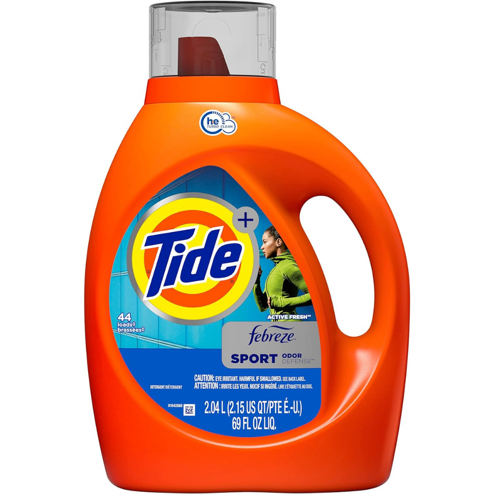 Bottle of Tide plus Febreze sport odor defense liquid detergent in active fresh scent
