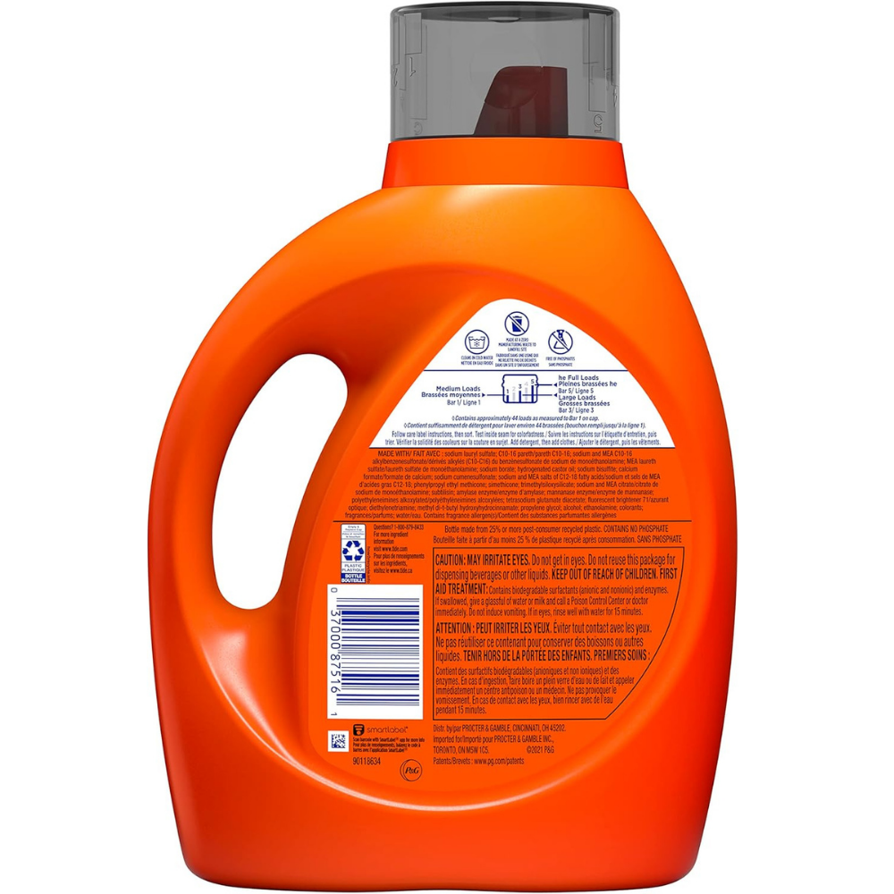 Back of bottle of Tide plus Febreze sport odor defense liquid laundry detergent