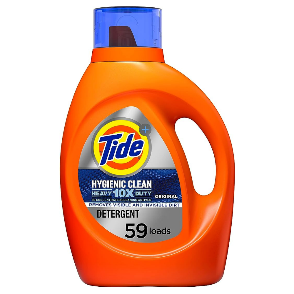Bottle of Tide plus hygienic clean laundry detergent in the original scan for 10x heavy duty concentrated cleaning activities - up to 59 loads.