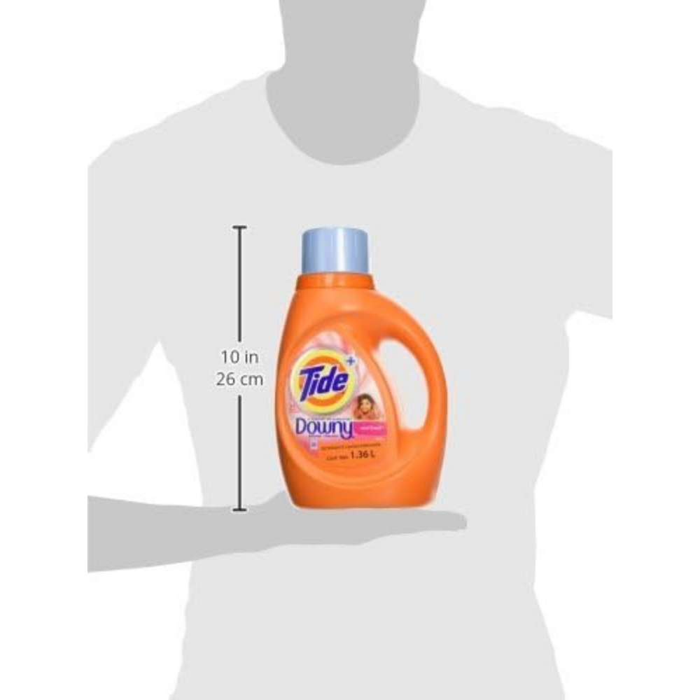 Dimension of bottle of Tide plus with Downy laundry detergent in April fresh scent.