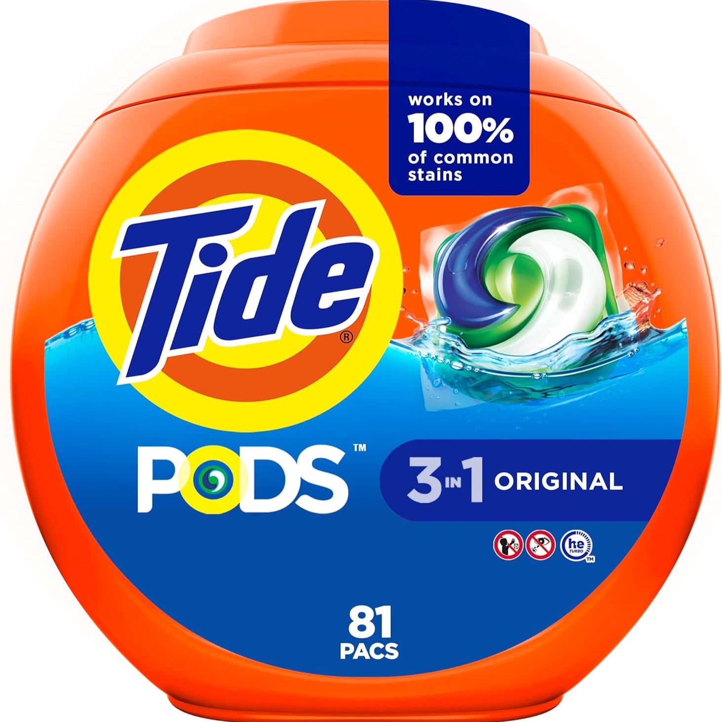 Tide laundry pods container with 3 in 1 capabilities and original scent - 81 count.