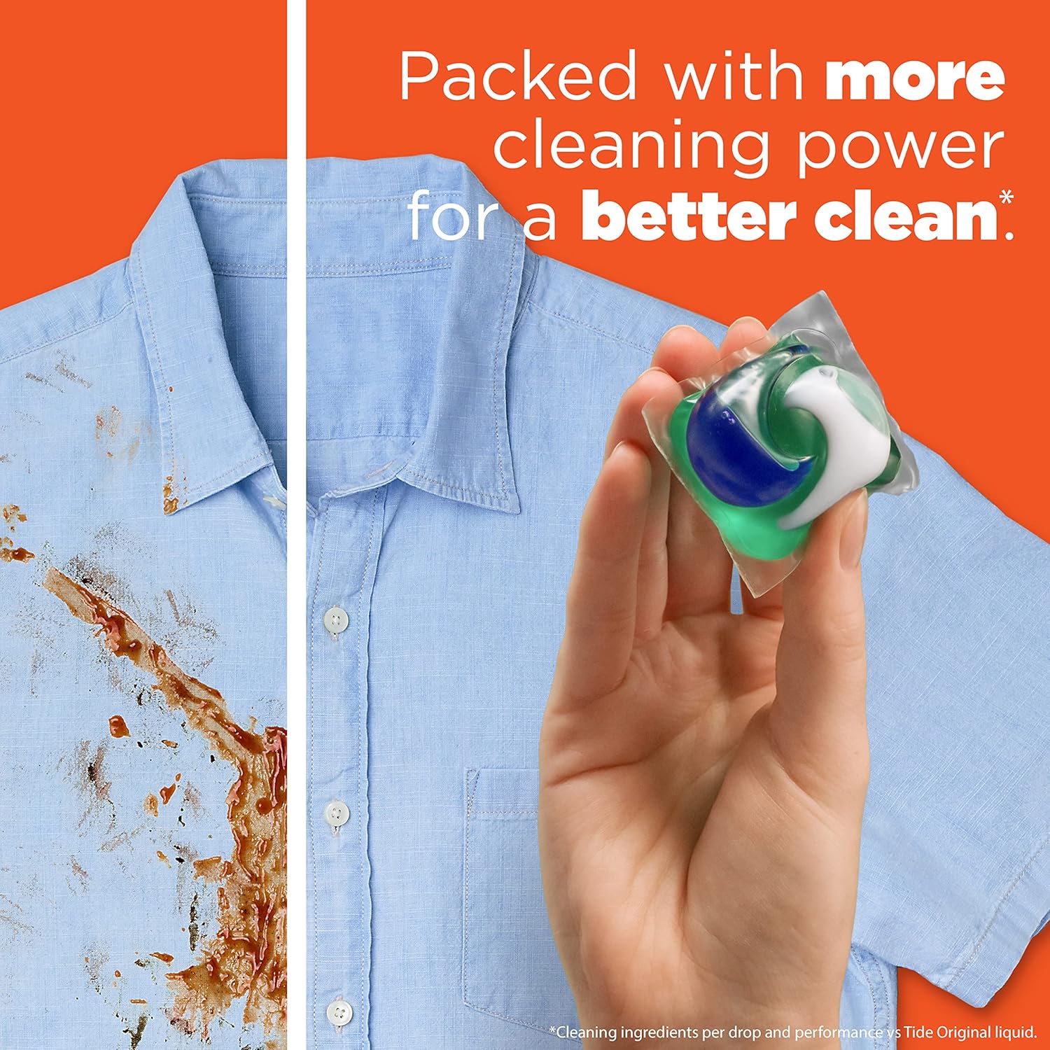 Tide pods 3 in 1 laundry detergent pacs packed with more cleaning power for a better clean with stain remover capabilities.