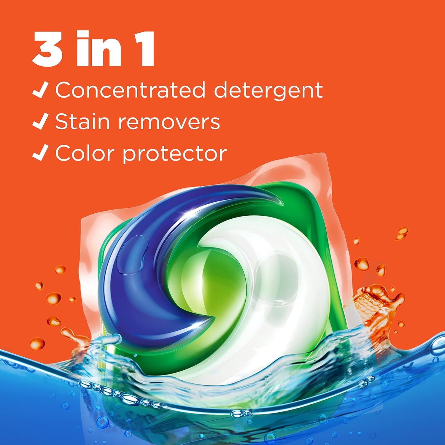 Tide pods 3-in-1 laundry pods includes concentrated detergent, stain removers and color protectors.
