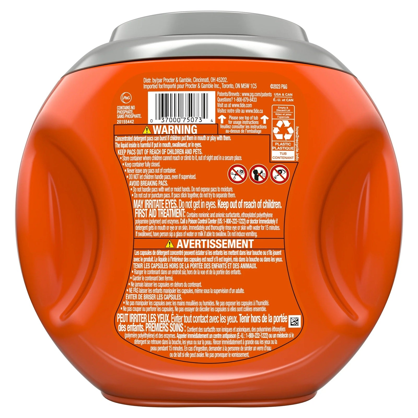 Back of package of Tide pods ultra oxi 4-in-1 laundry detergent pods.