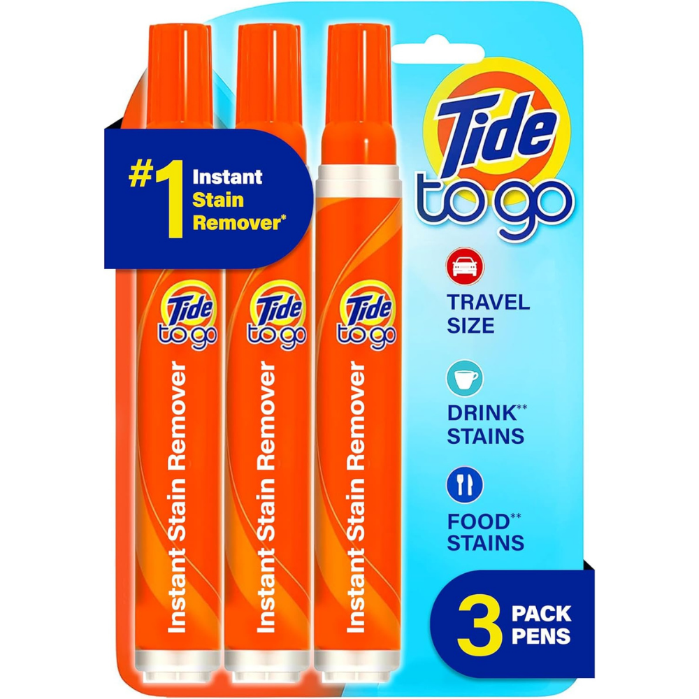 Pack of 3 Tide to go stain remover pens for food and drink stain removing on the go.