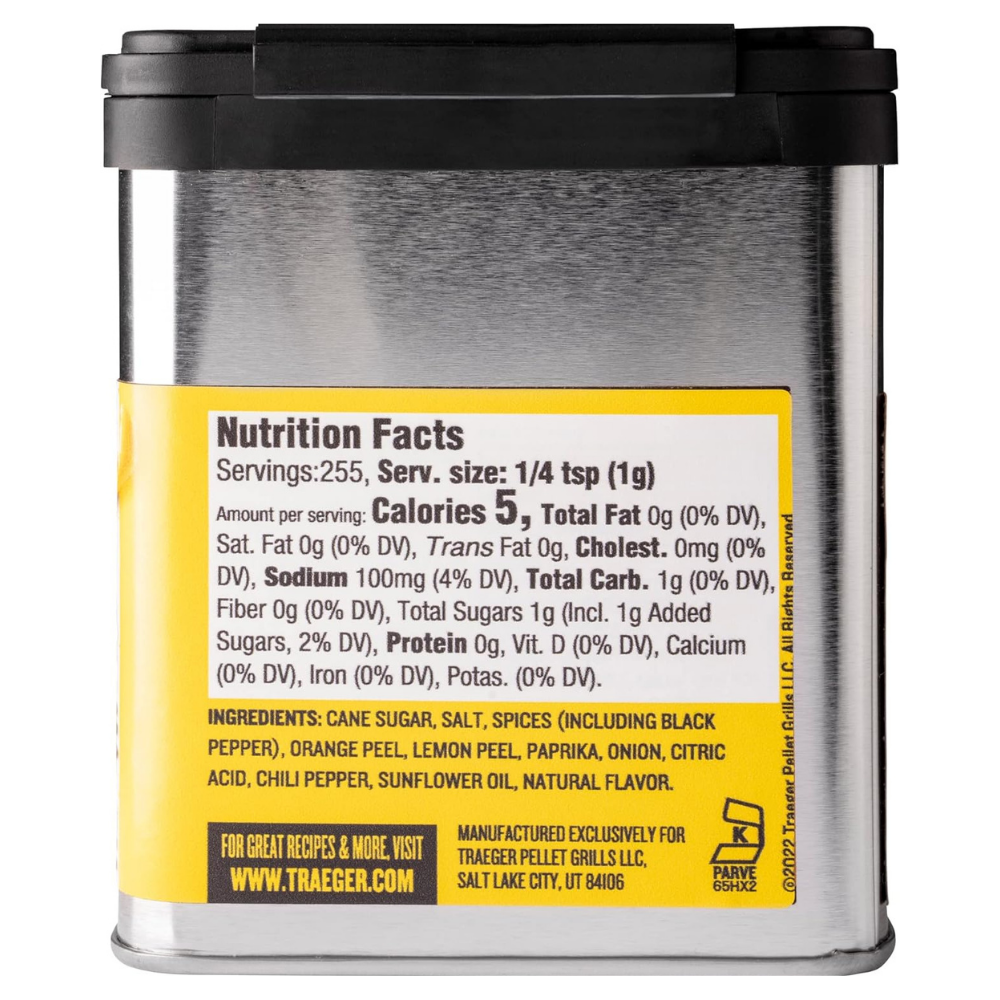 Back of a tin of Traeger Chicken rub - citrus & black pepper flavor - kosher chicken rub