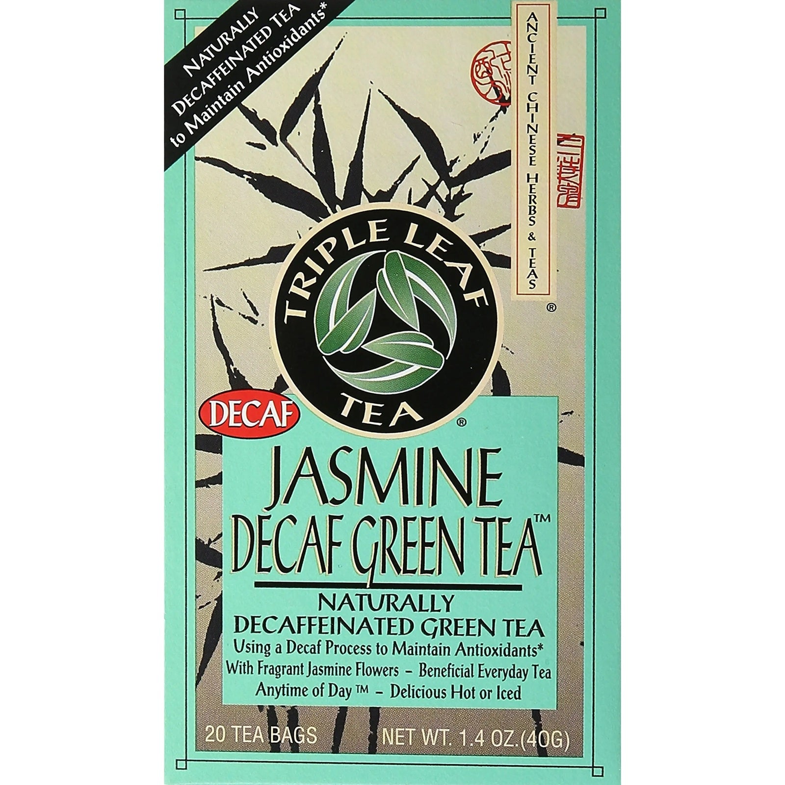 Triple Leaf Tea Jasmine Decaf Green Tea package with 20 tea bags