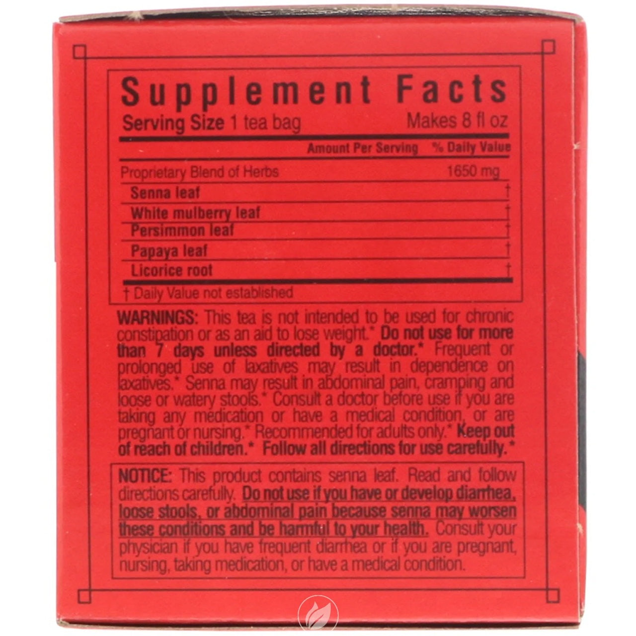 Triple Leaf Tea Super Slimming Tea Bags, supplement facts and warnings.
