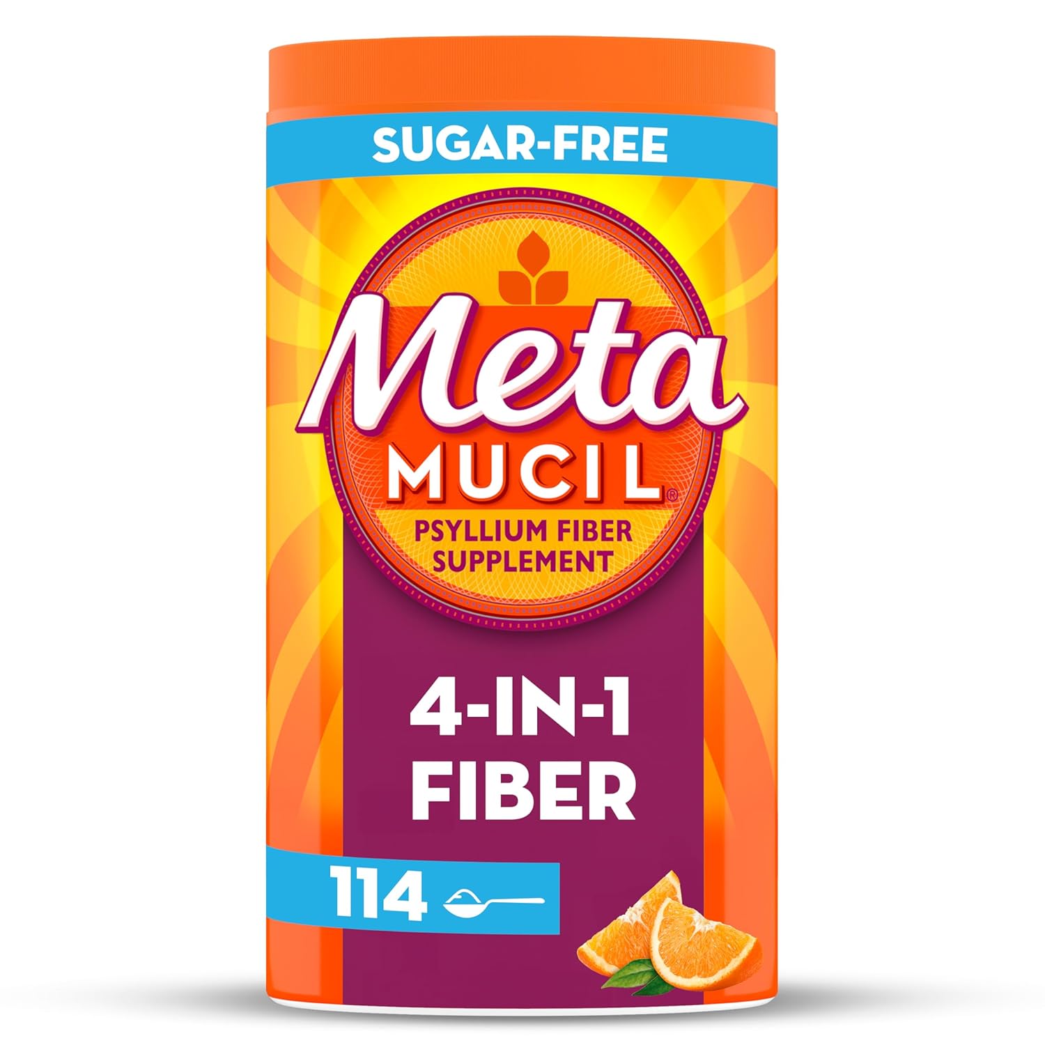 Tub of Metamucil psyllium fiber supplement, sugar-free fiber - 114 doses.