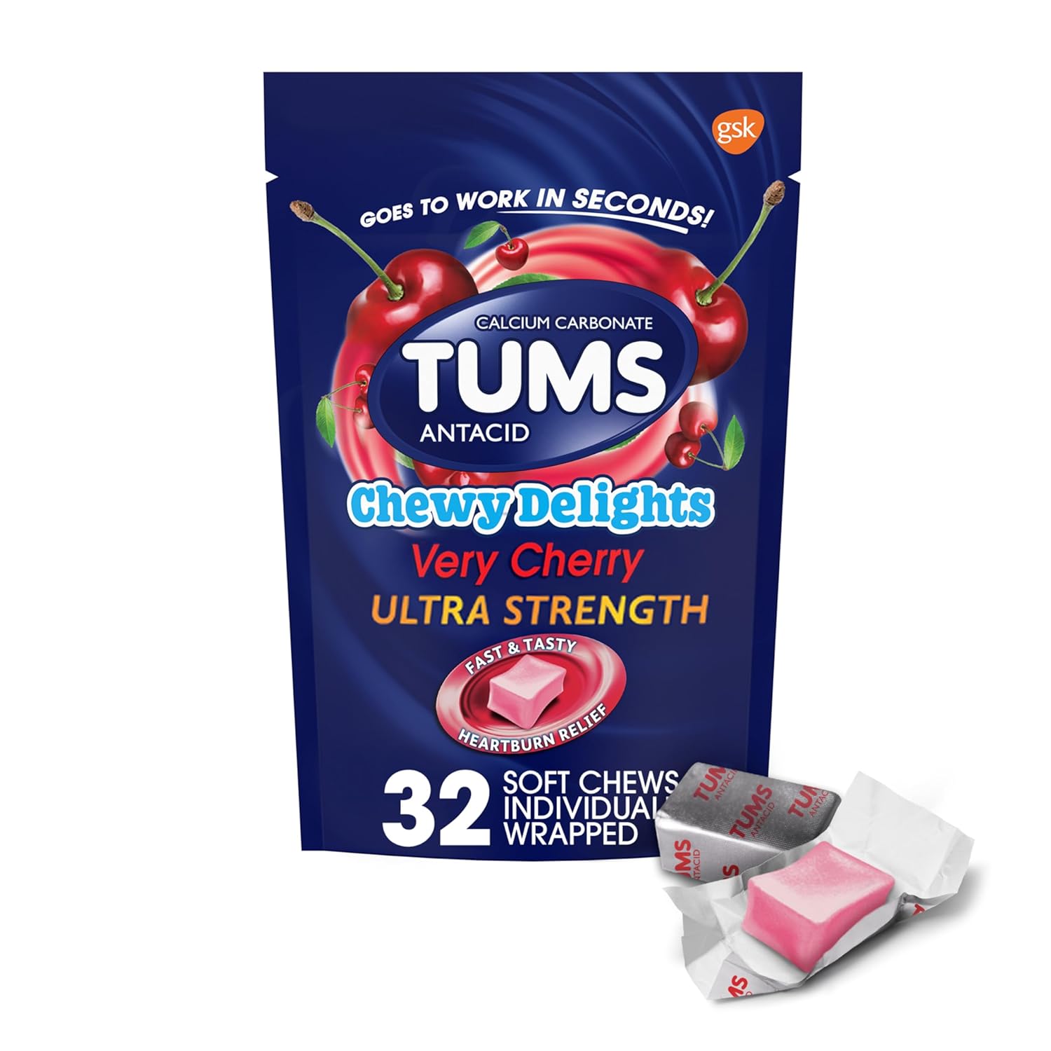 A package of Tums Chewy Delights in Very Cherry flavor, ultra strength antacid relief, 32 soft chews individually wrapped.